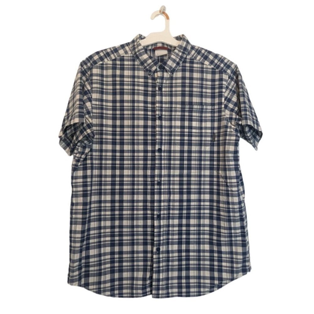Columbia Mem's Blue White Plaid Button Up Short Sleeve Shirt Large